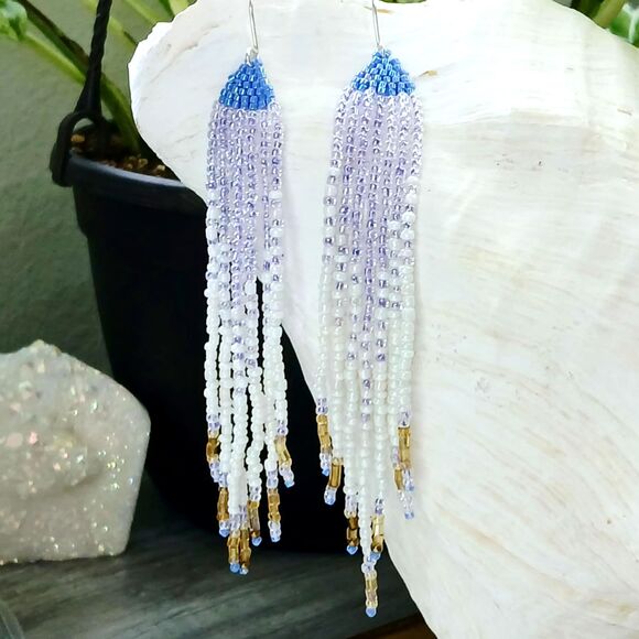 Beaded Fringe Dangle Earrings, Seed Bead Jewelry, Statement Boho Chic Artisan - Picture 5 of 14